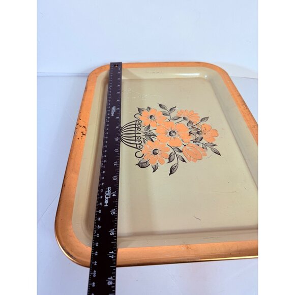 Rustic Metal Floral Serving Tray Gold Tone Flowers Trim Farmers Market VTG 50s - Picture 8 of 16